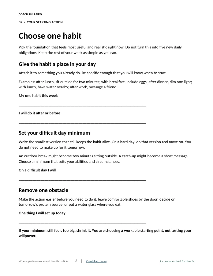 Actual page from the Quick Start Guide: choose one habit, give it a place in your day, set a difficult-day minimum and remove one obstacle.